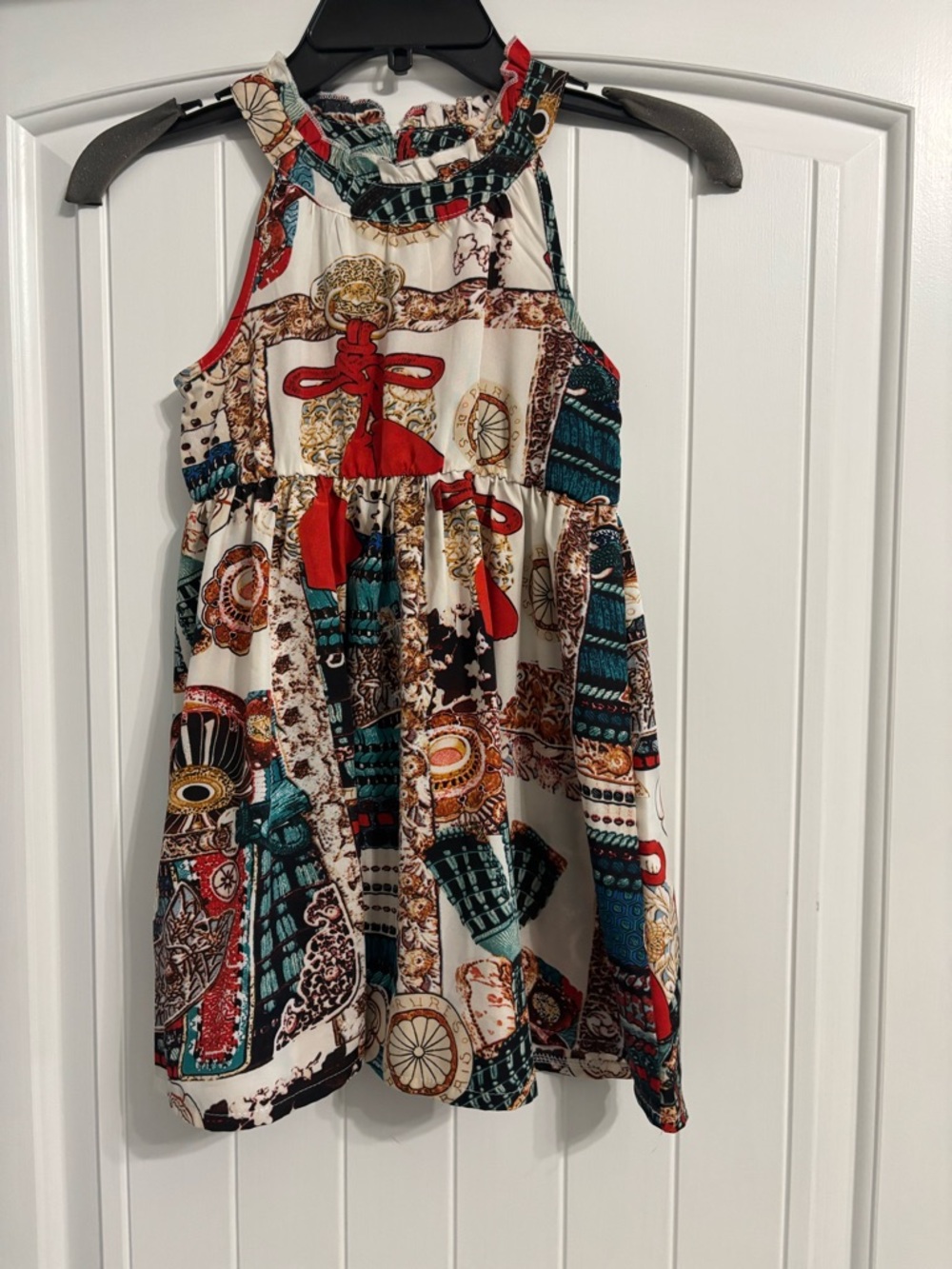 384) Patterned Halter Dress with Red Accents